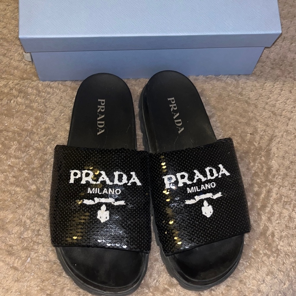Prada sequin slides sandals